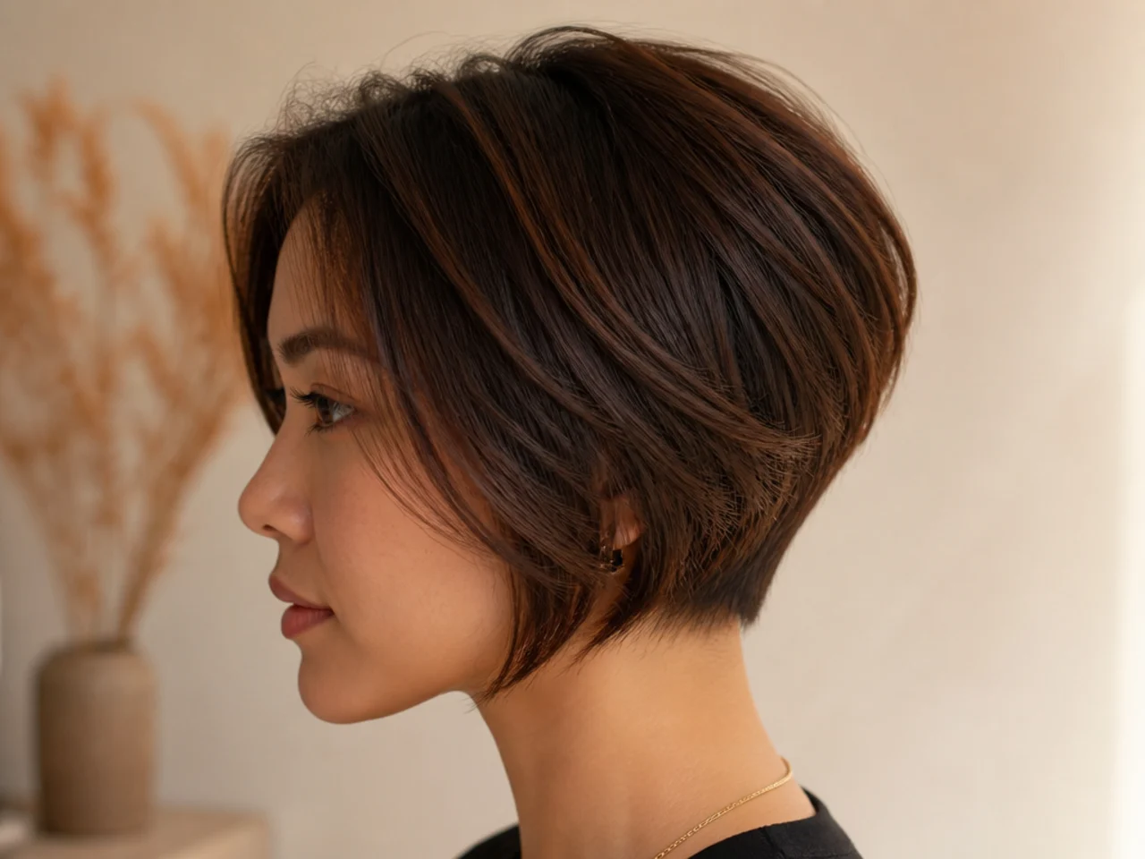 Side view of a finished short layered style showing a flat under section and a bent front layer