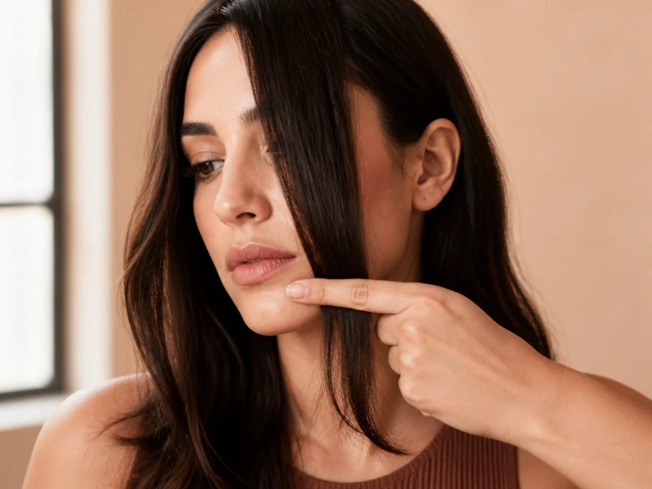 A front strand held flat against the cheek with a finger marking the cutting point