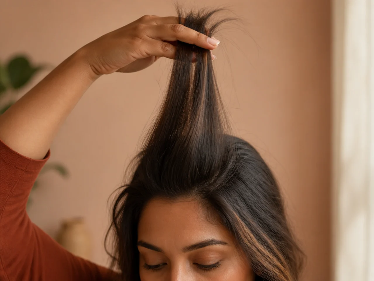 A crown section held straight up away from the scalp between two fingers