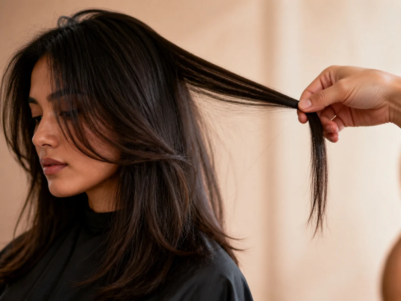 A vertical section of hair held out to check the layer lengths against each other