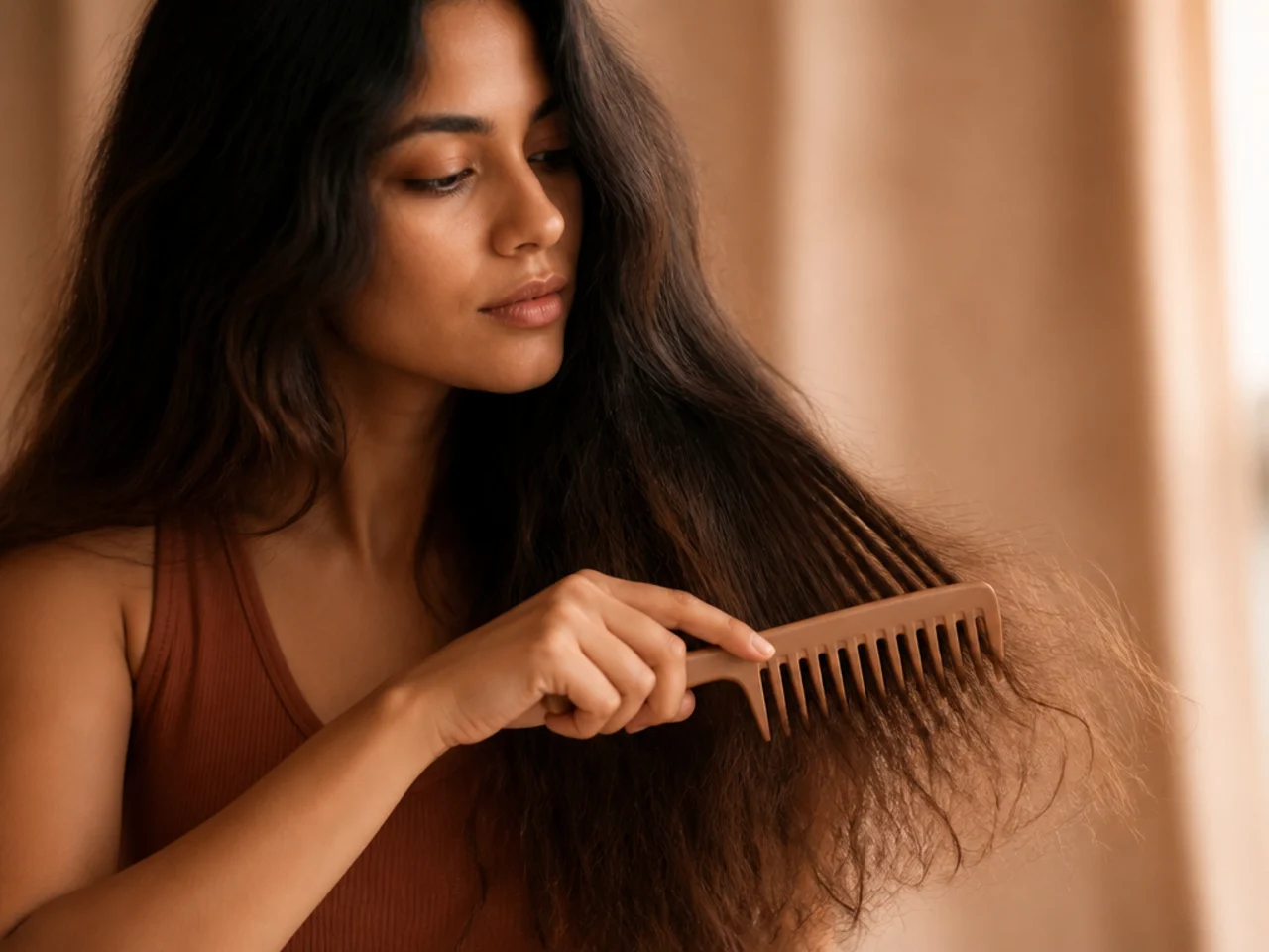 A wide tooth comb working through the ends of long dry hair