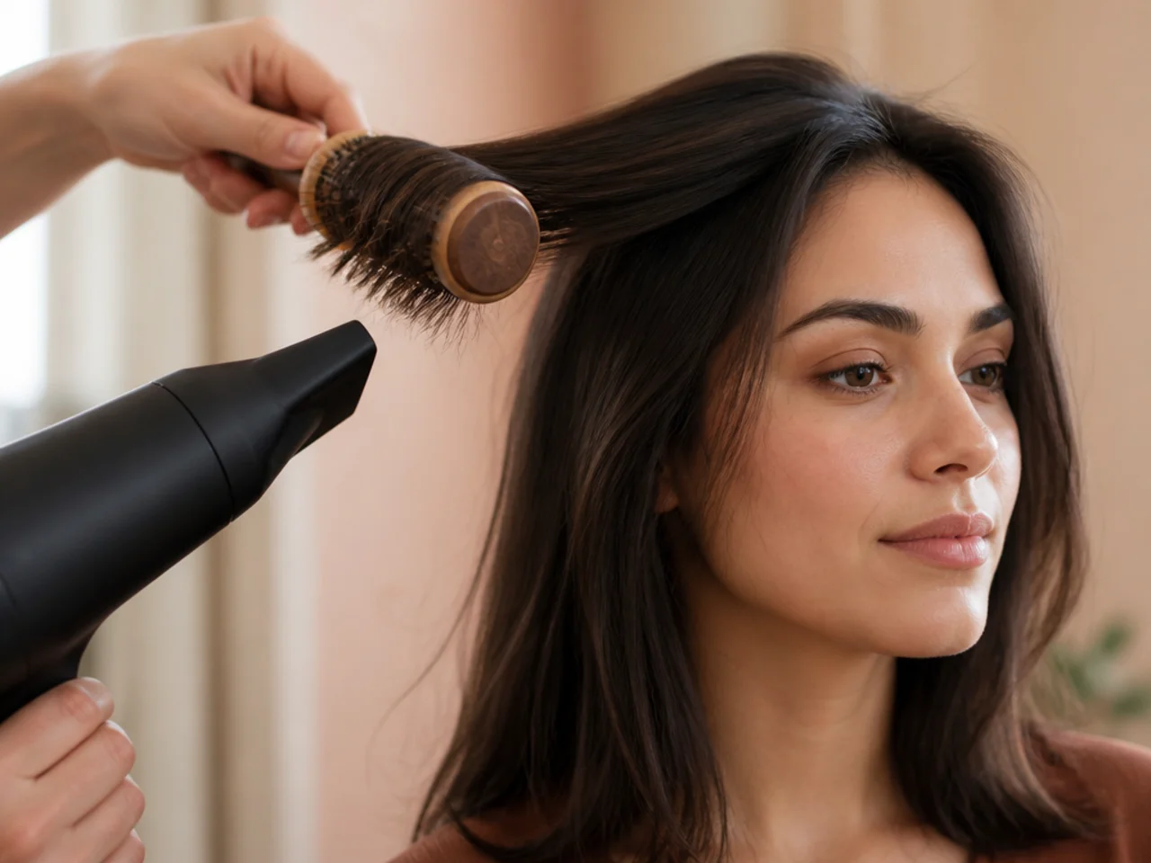 A round brush drying the front section outward away from the face with a hairdryer