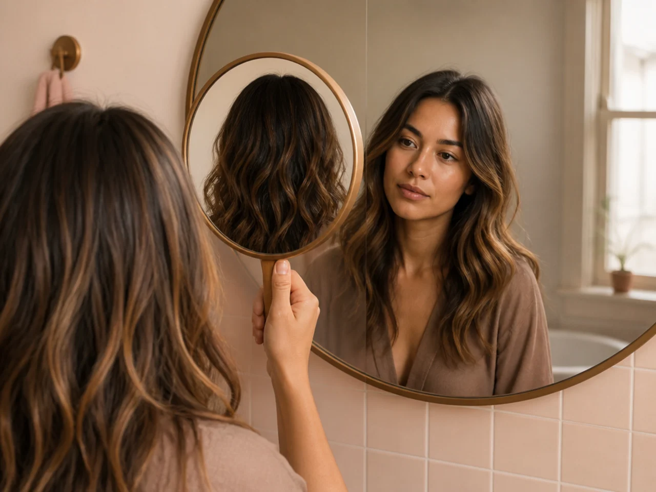 A hand mirror held up to show the back of the head reflected in a bathroom mirror