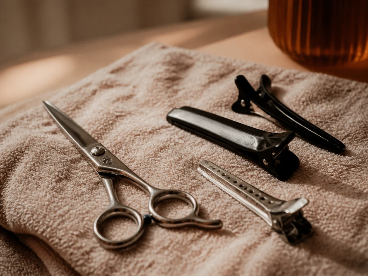 A pair of professional hair shears and sectioning clips laid out on a towel