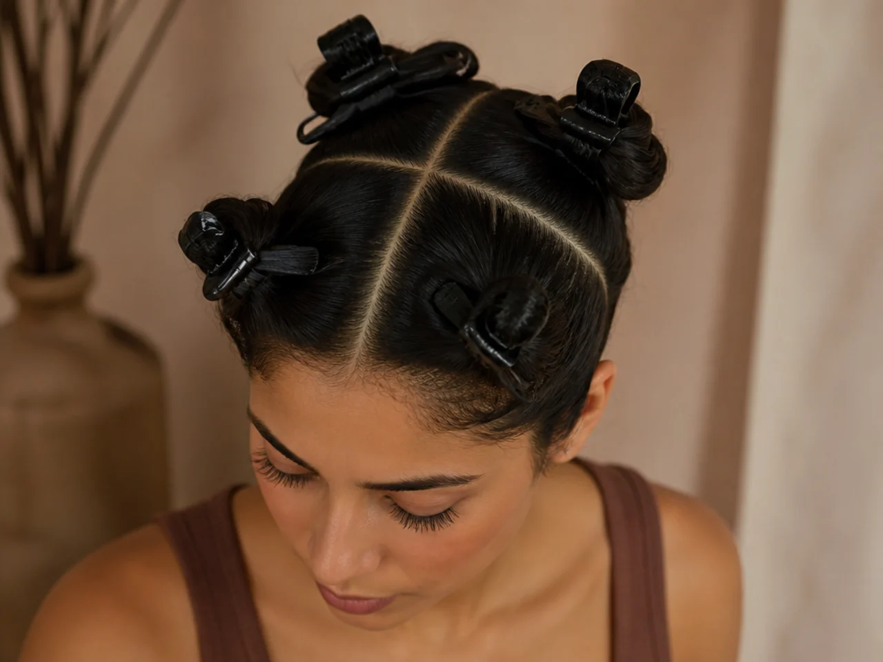 Hair clipped into four sections with clean partings across the crown and down the centre
