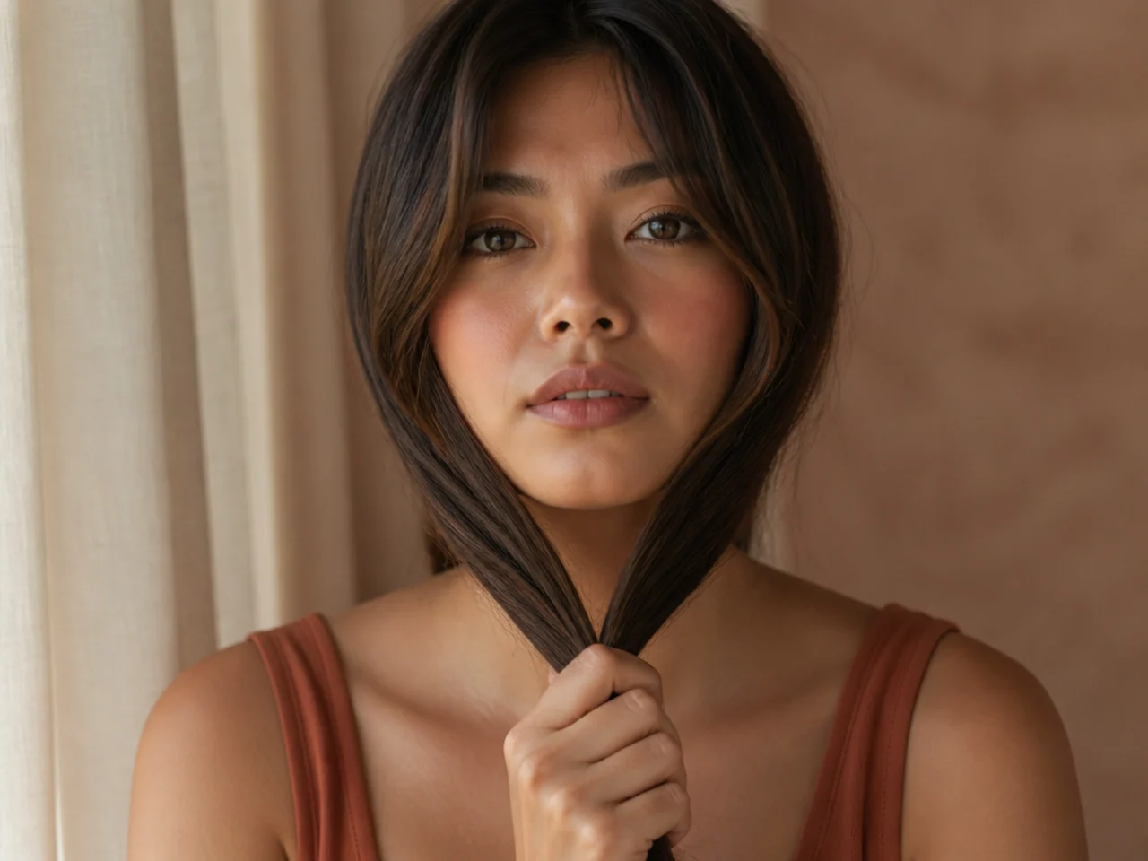 Two strands from either side pulled forward and held together under the chin