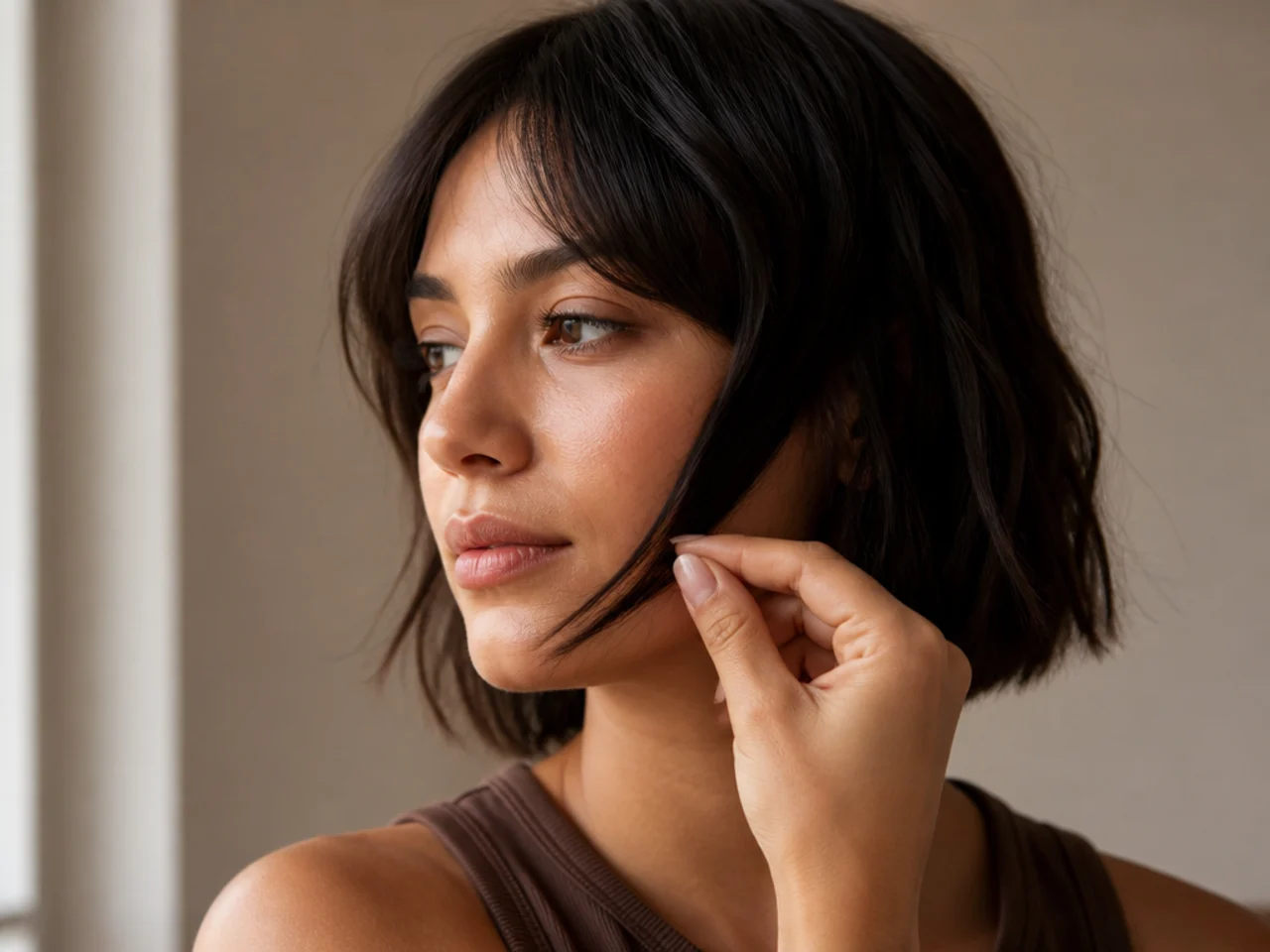 A front section of dry hair held against the cheekbone to mark the wing length