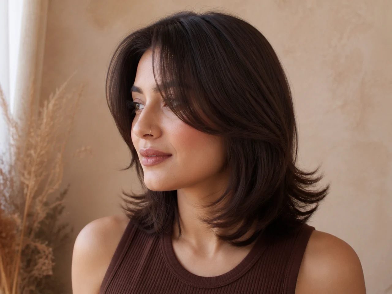 Three quarter view of a finished short butterfly haircut with the front layers flicked outward