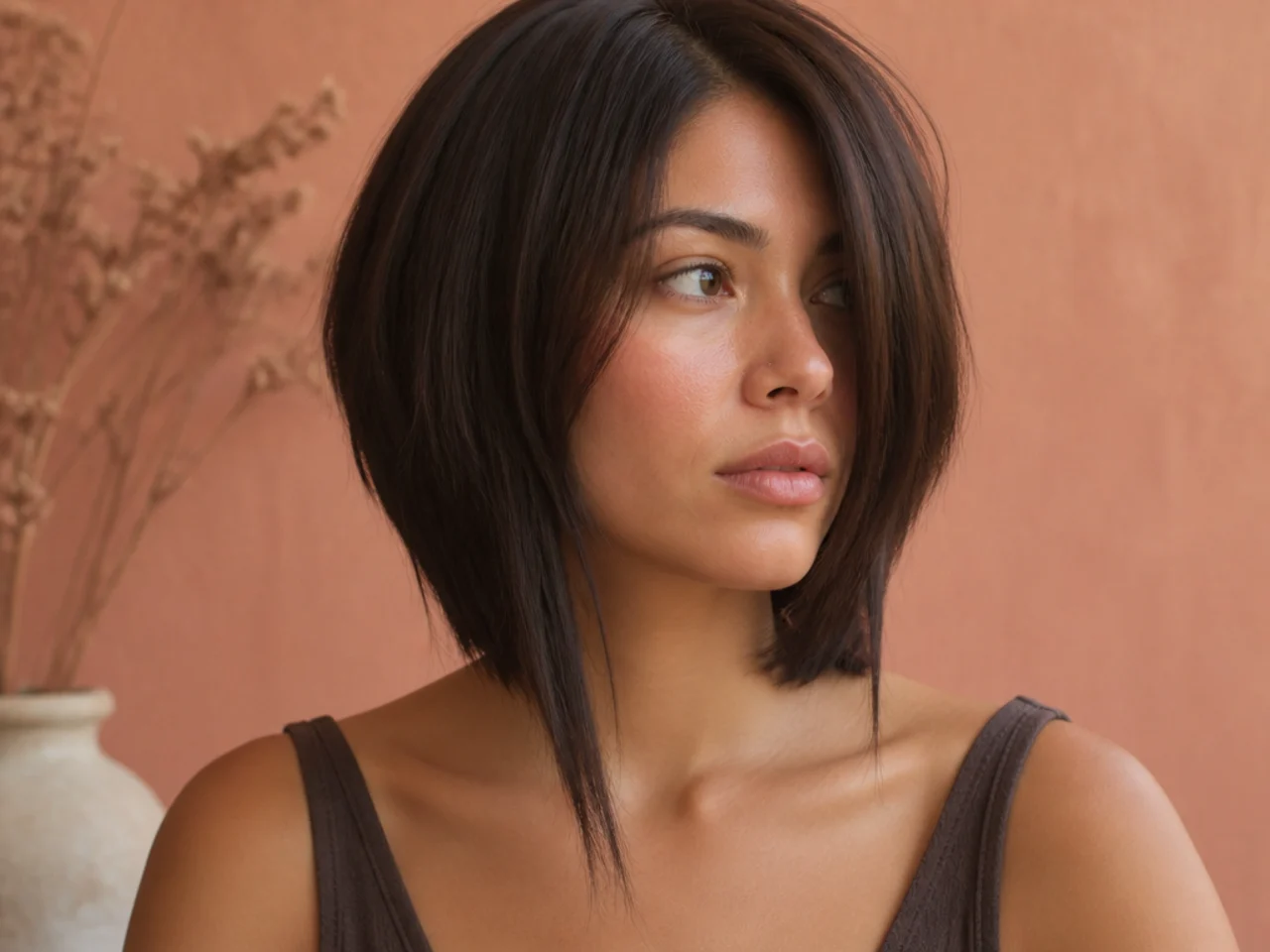 An uneven face framing layer with one side visibly shorter and a hard blunt edge