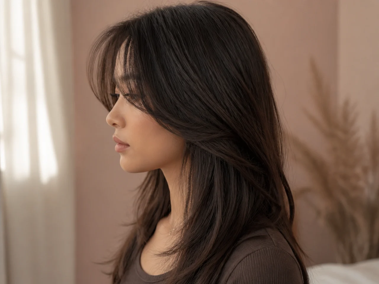 Side profile showing a short face framing layer sitting over untouched longer lengths