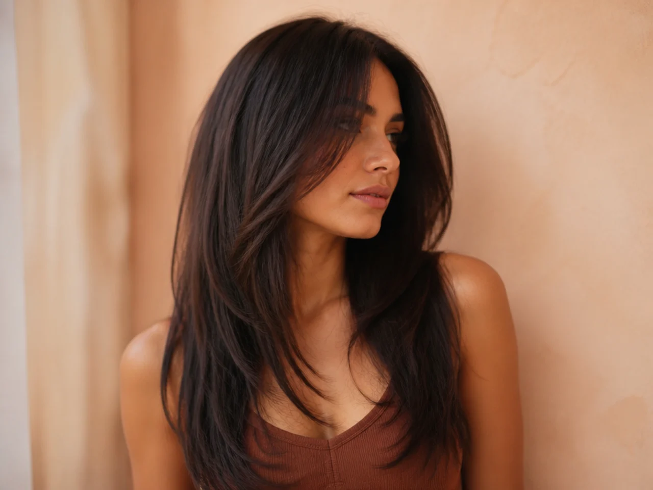 Hair pulled forward and cut to build a length gradient toward the face