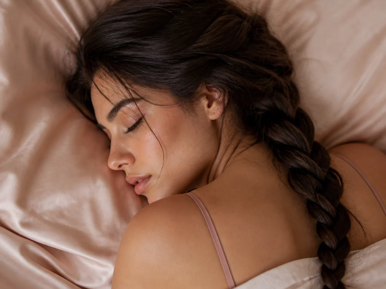 Long hair loosely braided on a satin pillowcase