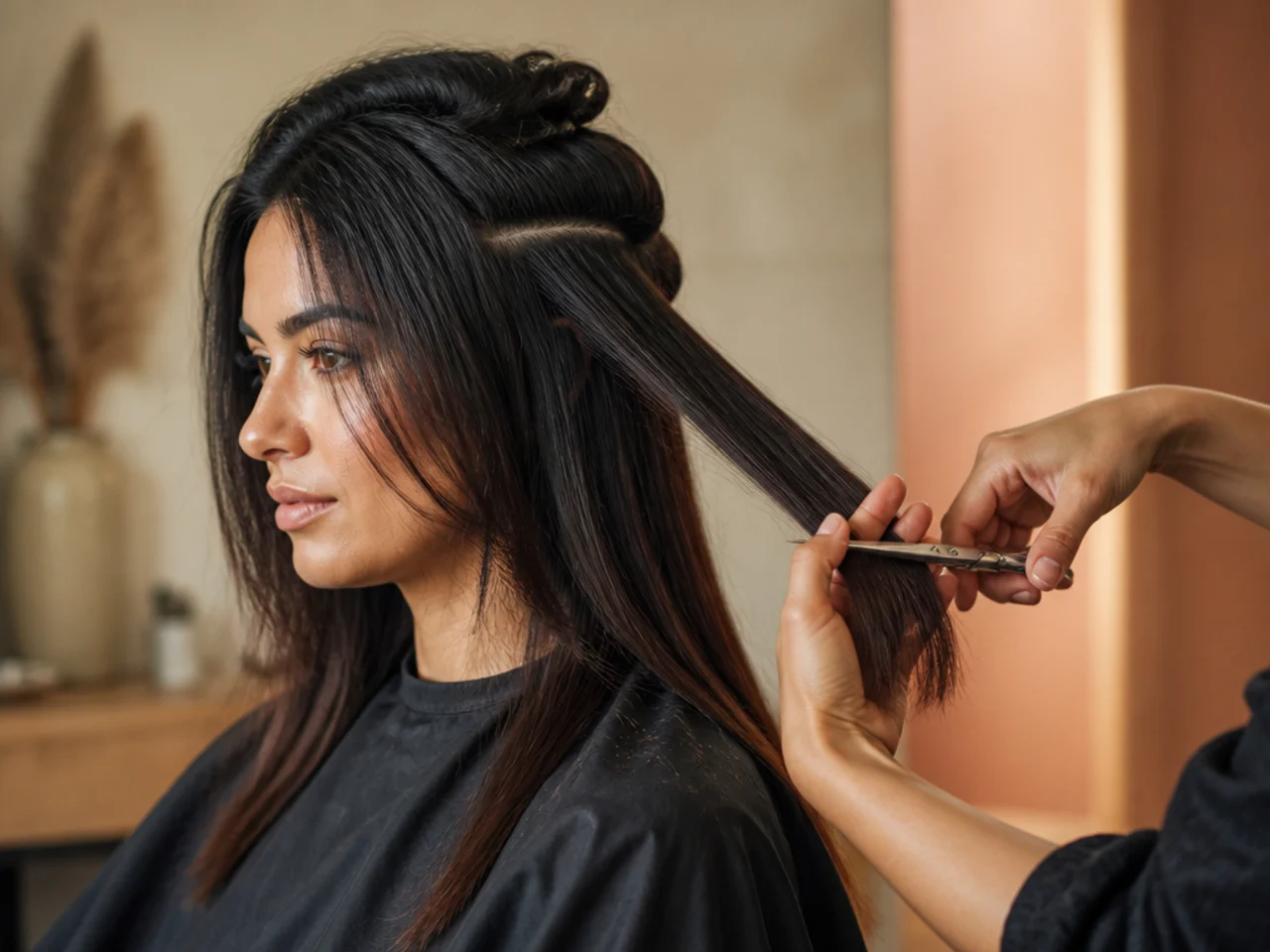 Dry hair being sectioned and cut without being wet down
