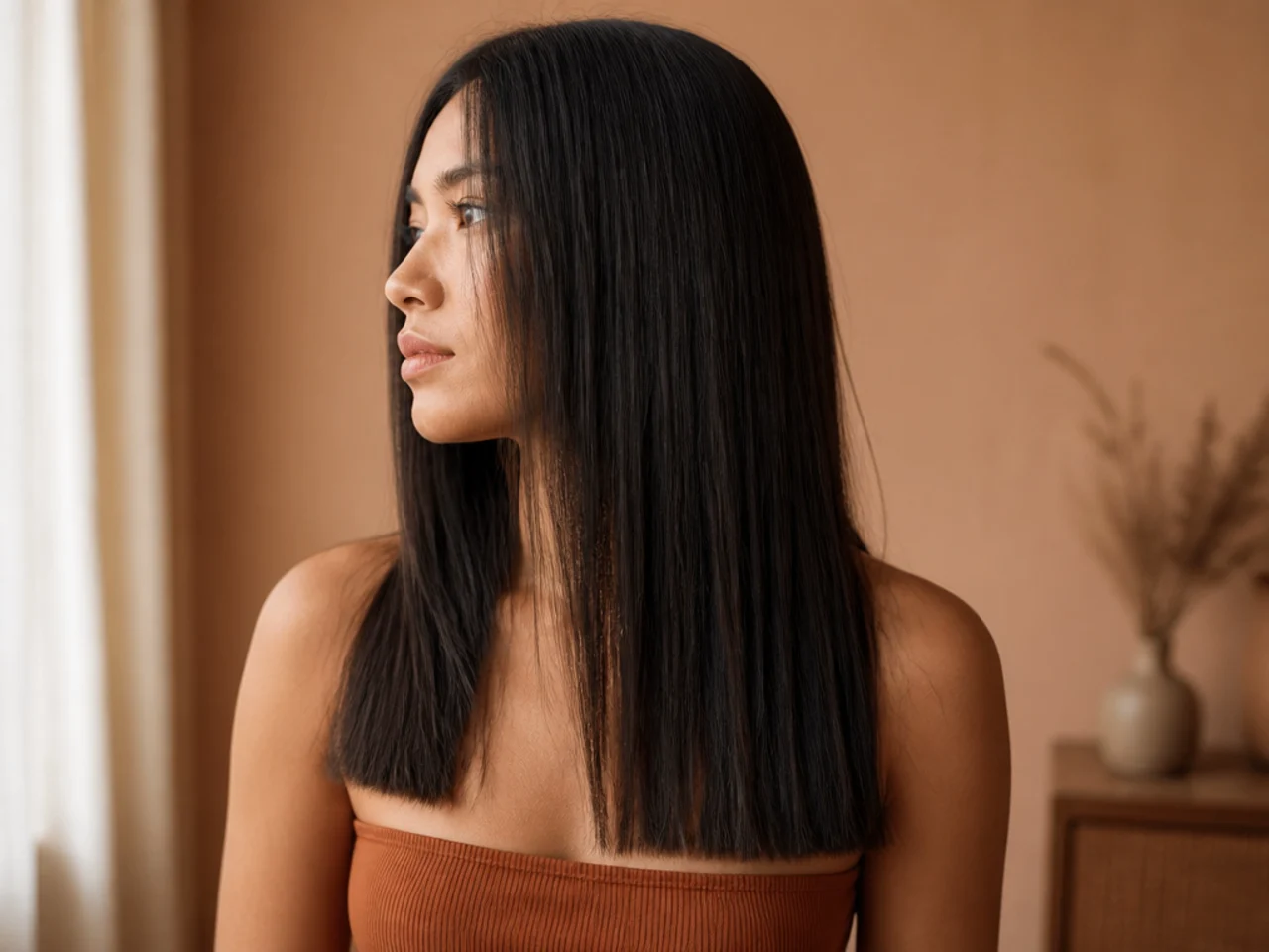 A visible length change showing as a line on straight air dried hair