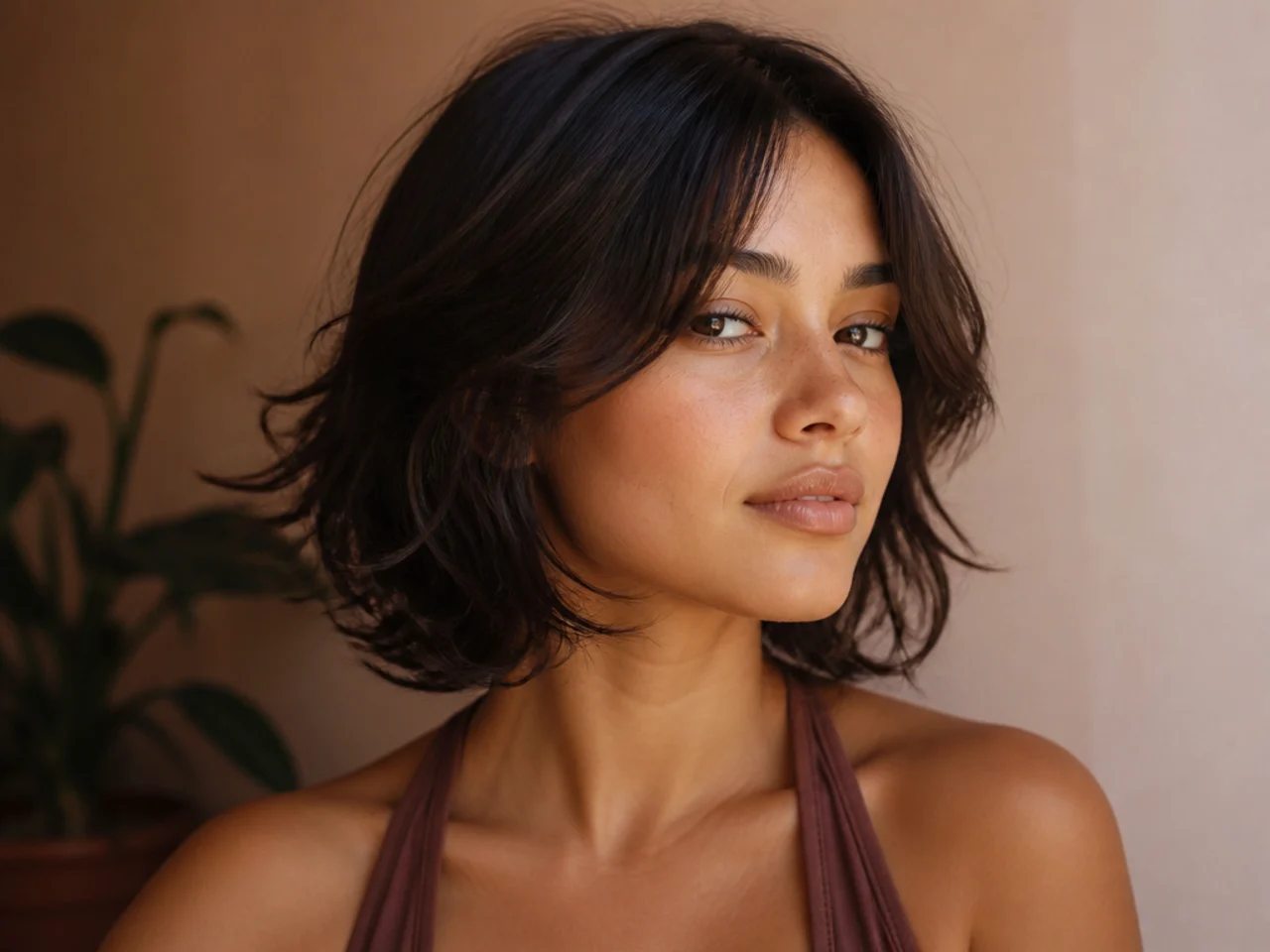 A short butterfly cut air dried with visible layers around the face