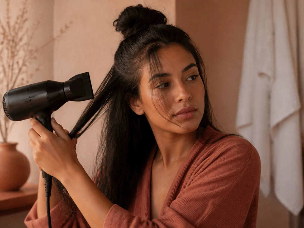 The front sections of hair being dried while the back is left to air dry