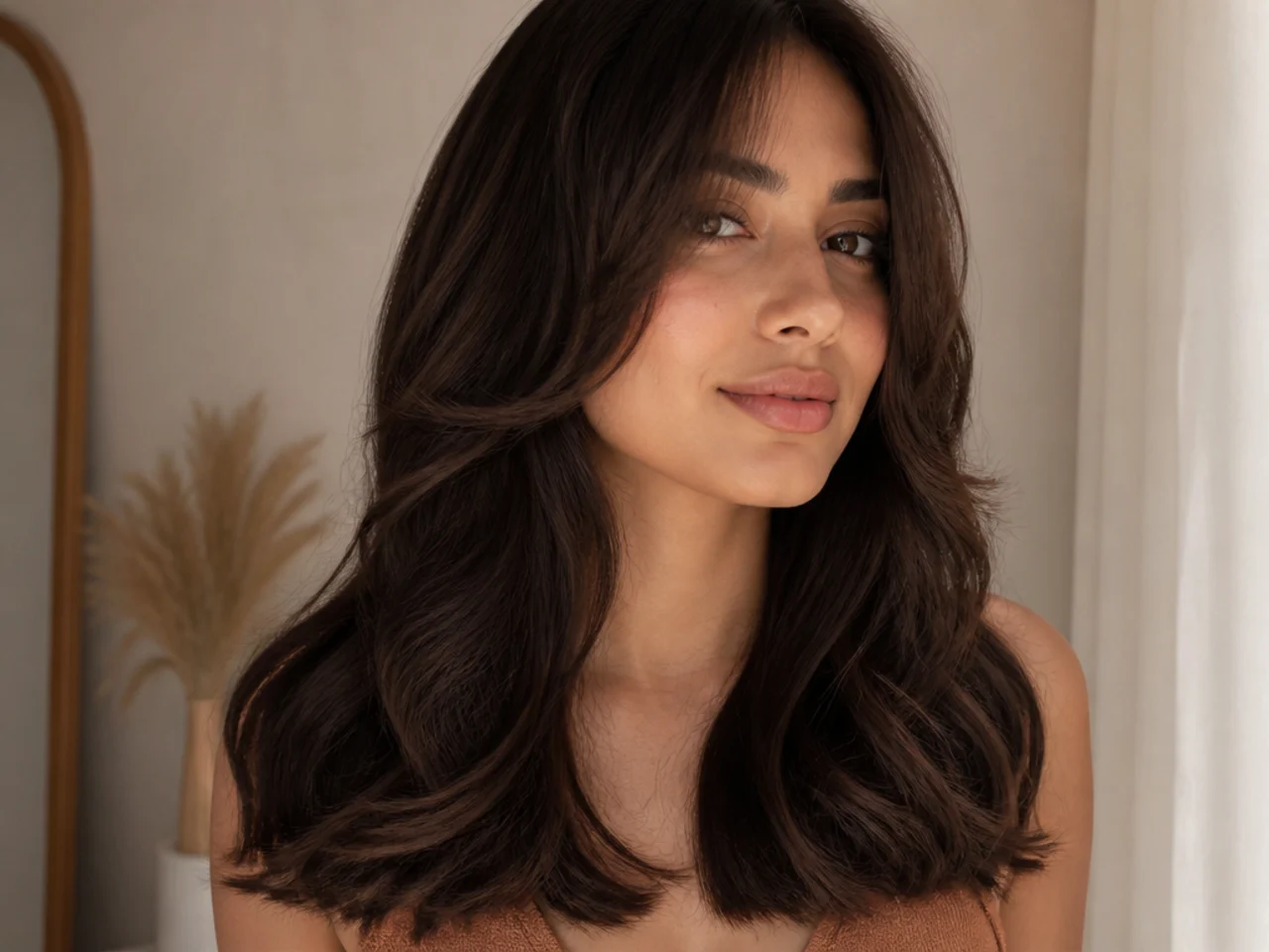 A wavy butterfly cut with a solid blunt bottom edge and a soft layered top