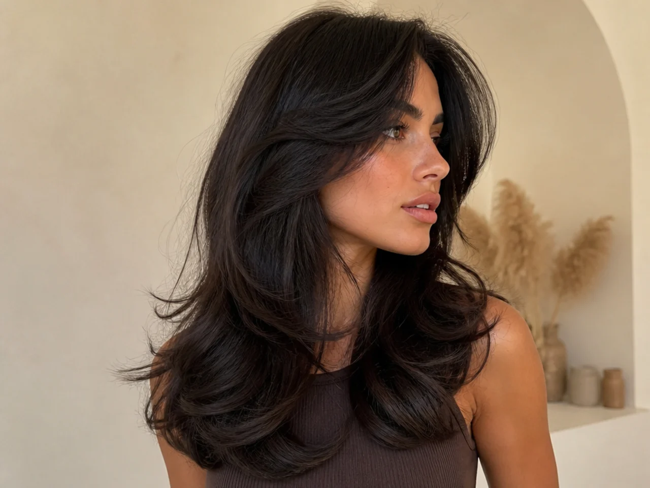 A wavy butterfly cut with face framing pieces sweeping back from the cheekbone