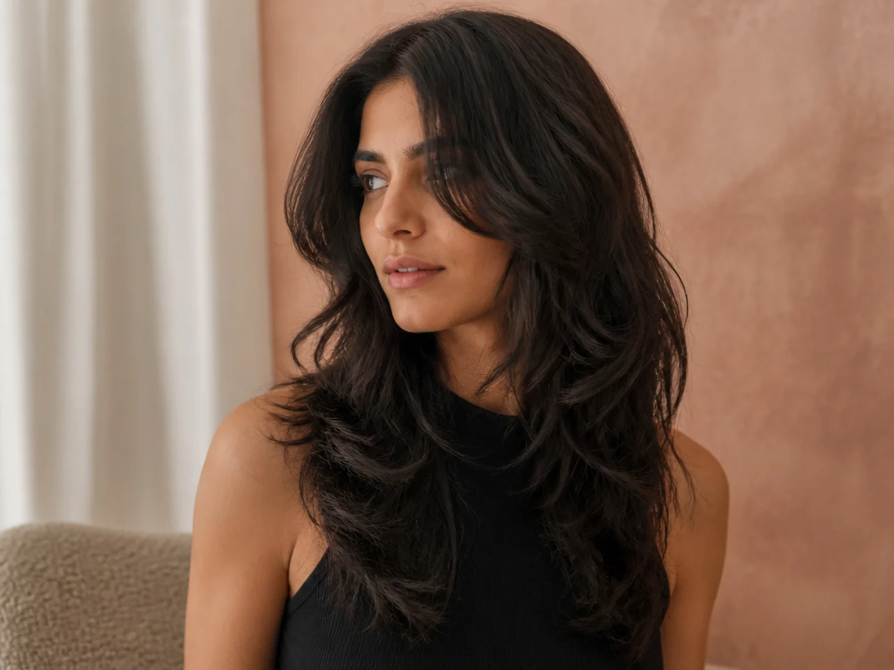 An air dried wavy butterfly cut with natural clumped wave patterns