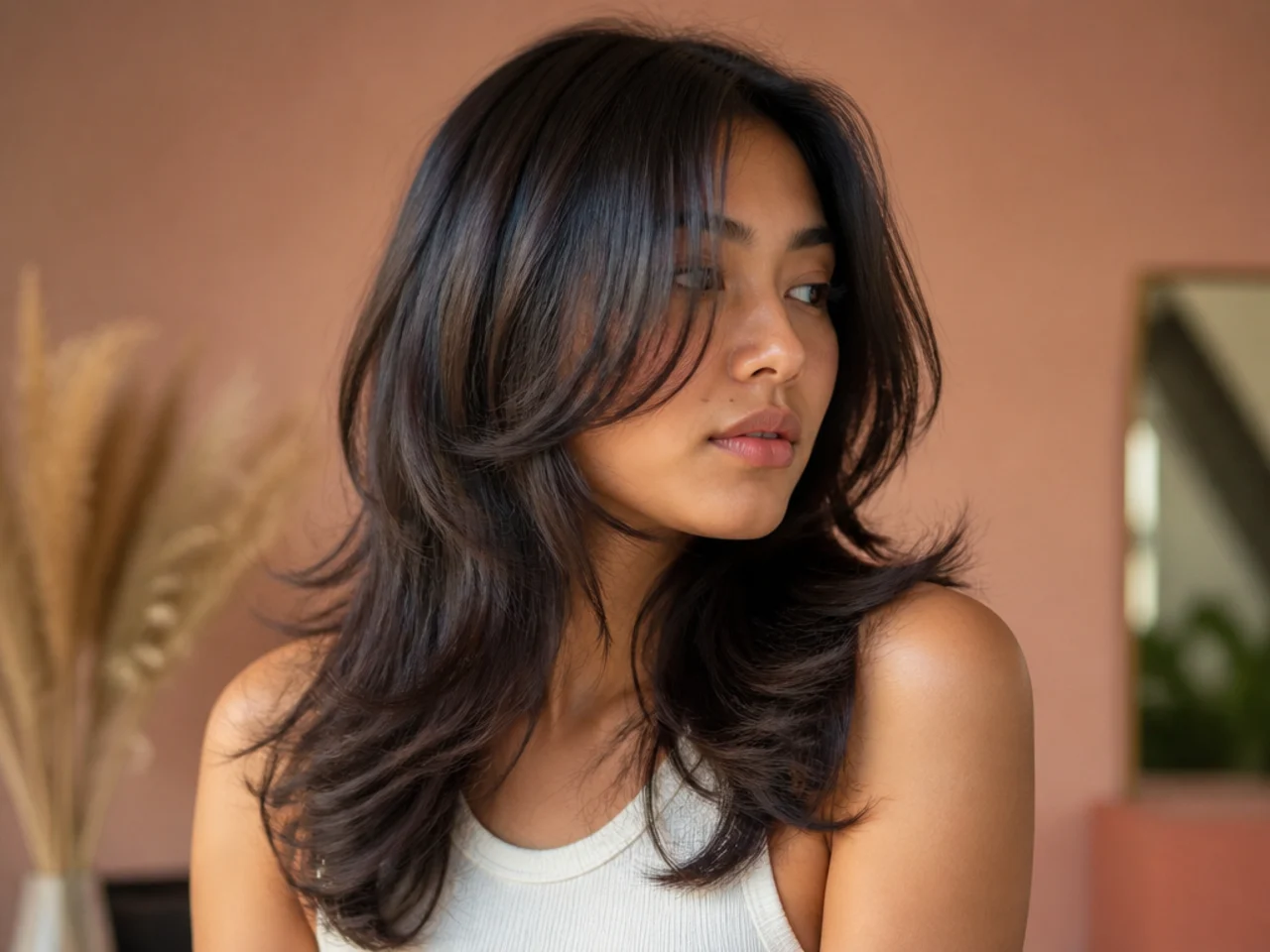 A wavy butterfly cut with the top layer curving in at the chin