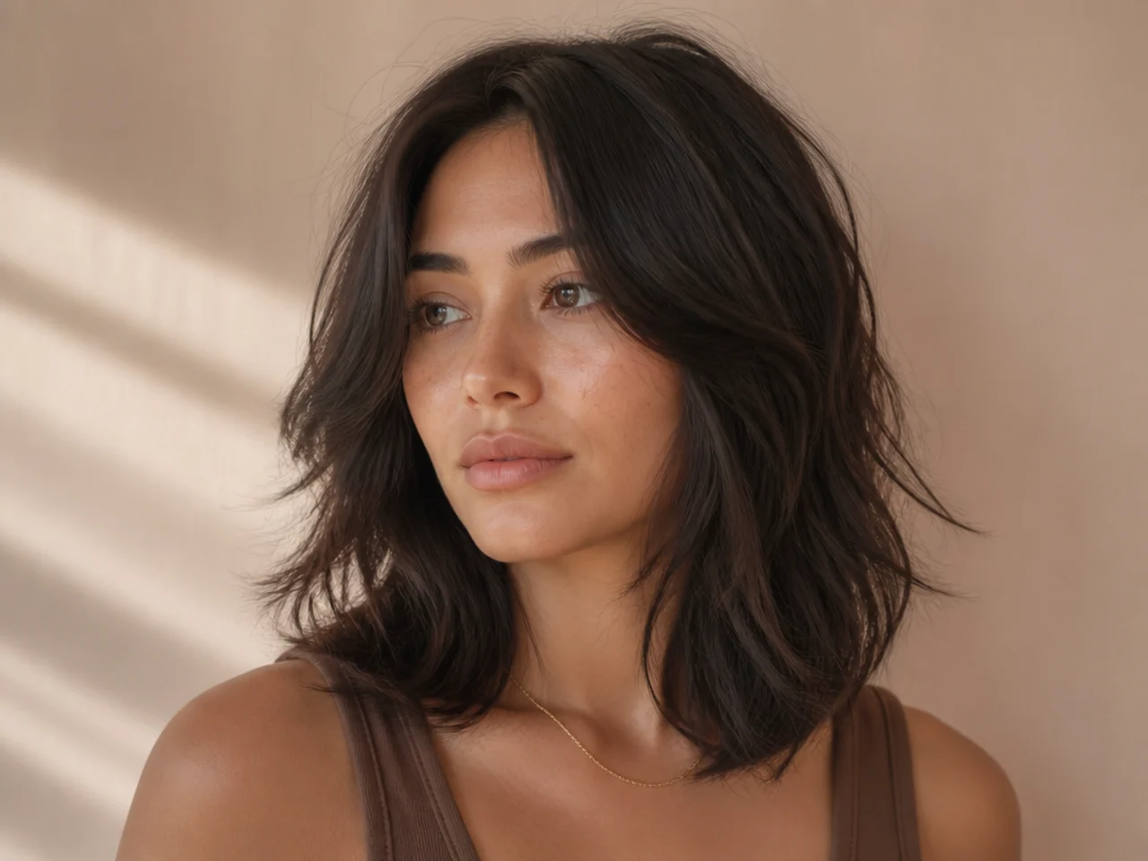 A collarbone length wavy butterfly cut with the ends hanging free