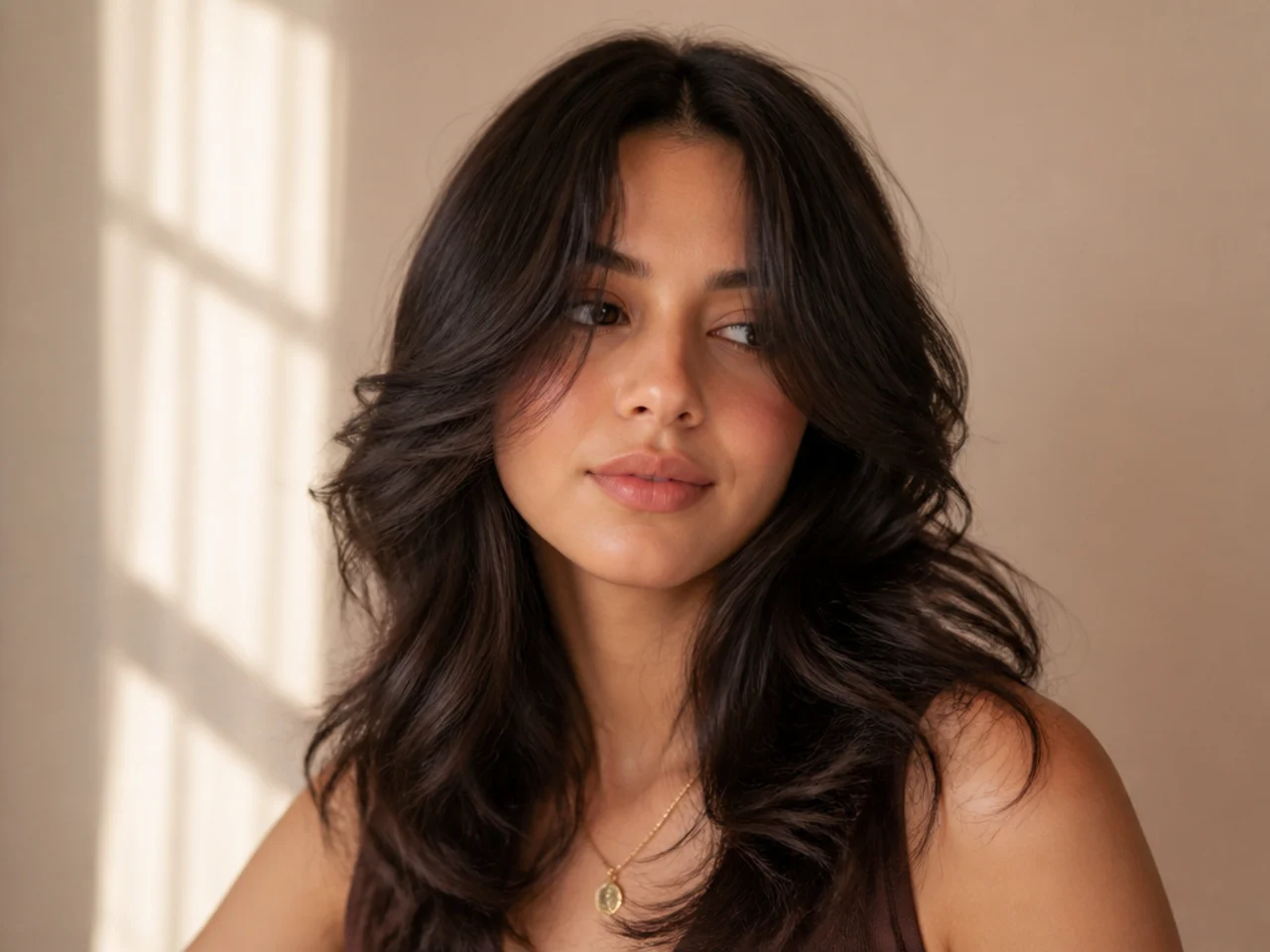 A wavy butterfly cut with curtain bangs splitting at the centre and sweeping outward
