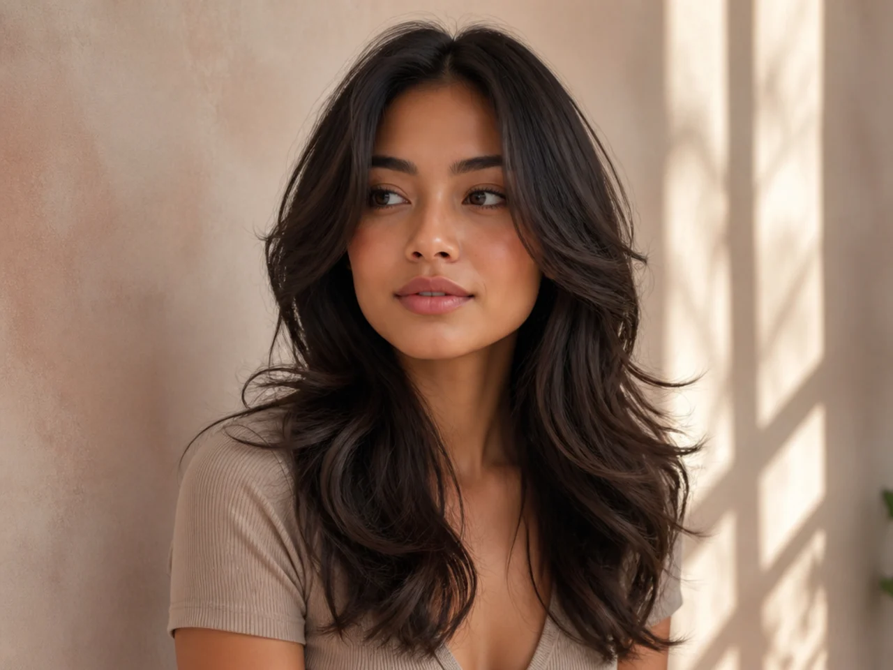 A wavy butterfly cut parted down the centre with symmetrical face framing