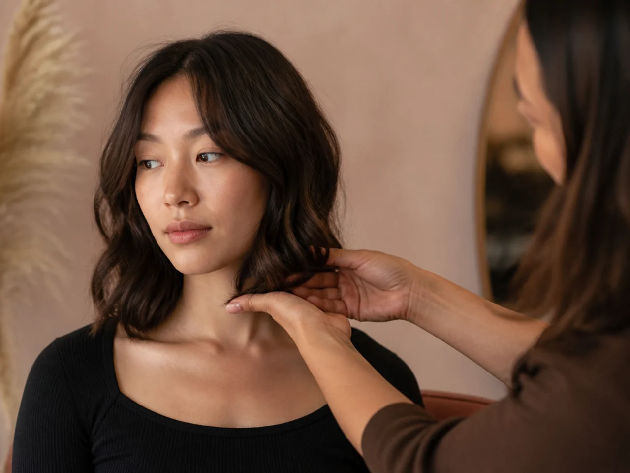 A stylist holding a dry wavy section at the chin to check it against the collarbone perimeter
