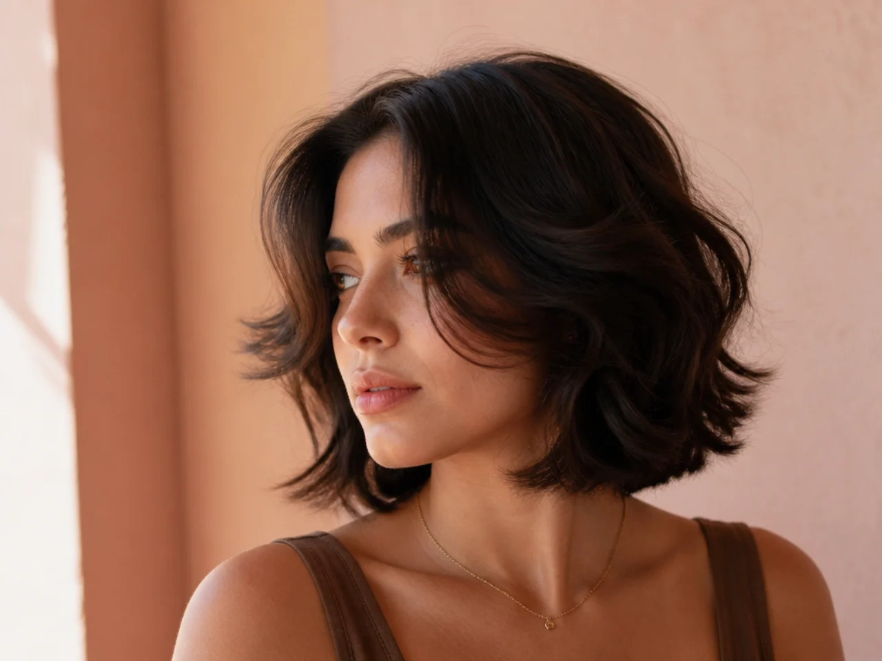 Three quarter view of a finished short wavy butterfly cut