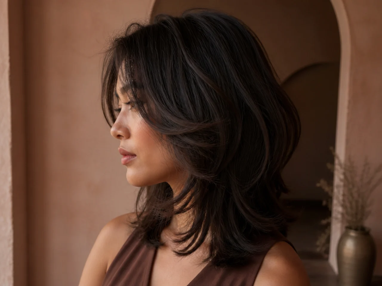 Side view of a wavy butterfly cut showing a short chin length layer above a longer collarbone perimeter