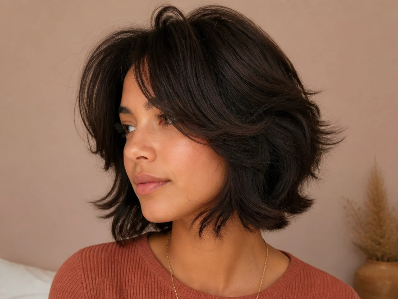 A short butterfly cut on thick hair