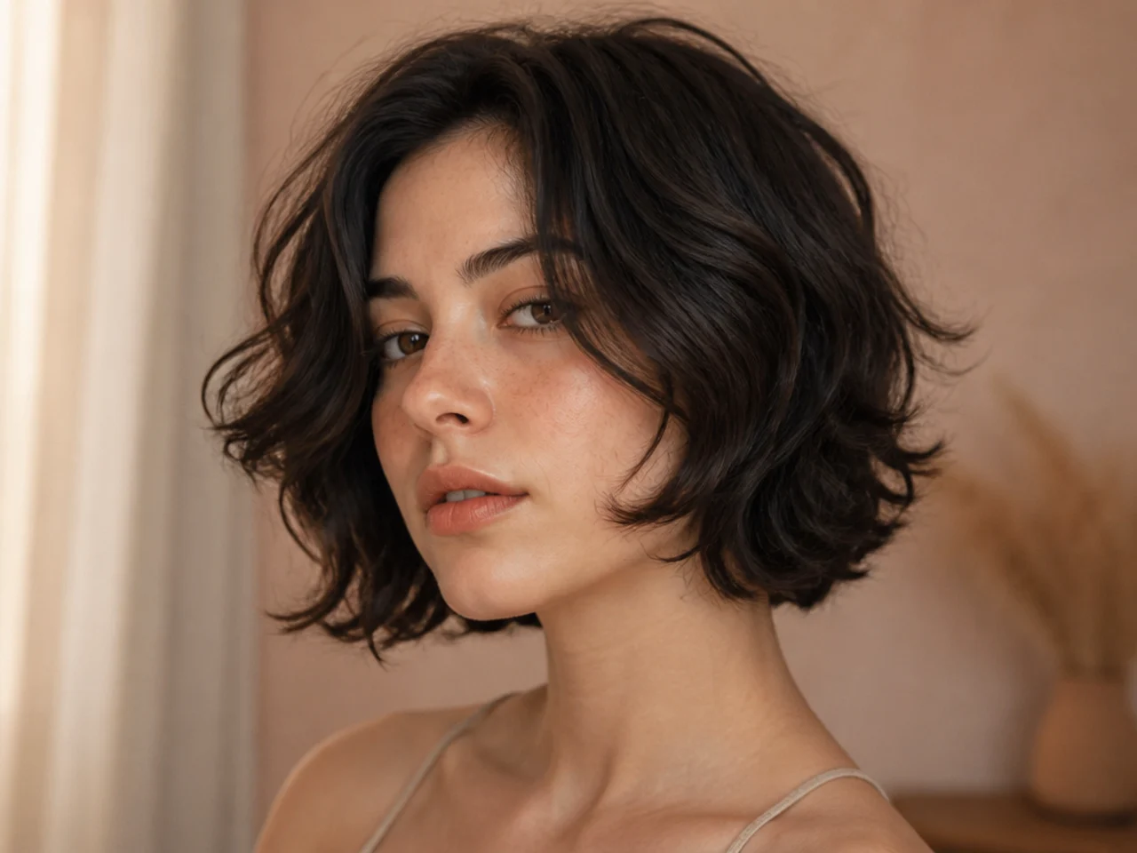 A short butterfly cut on wavy hair