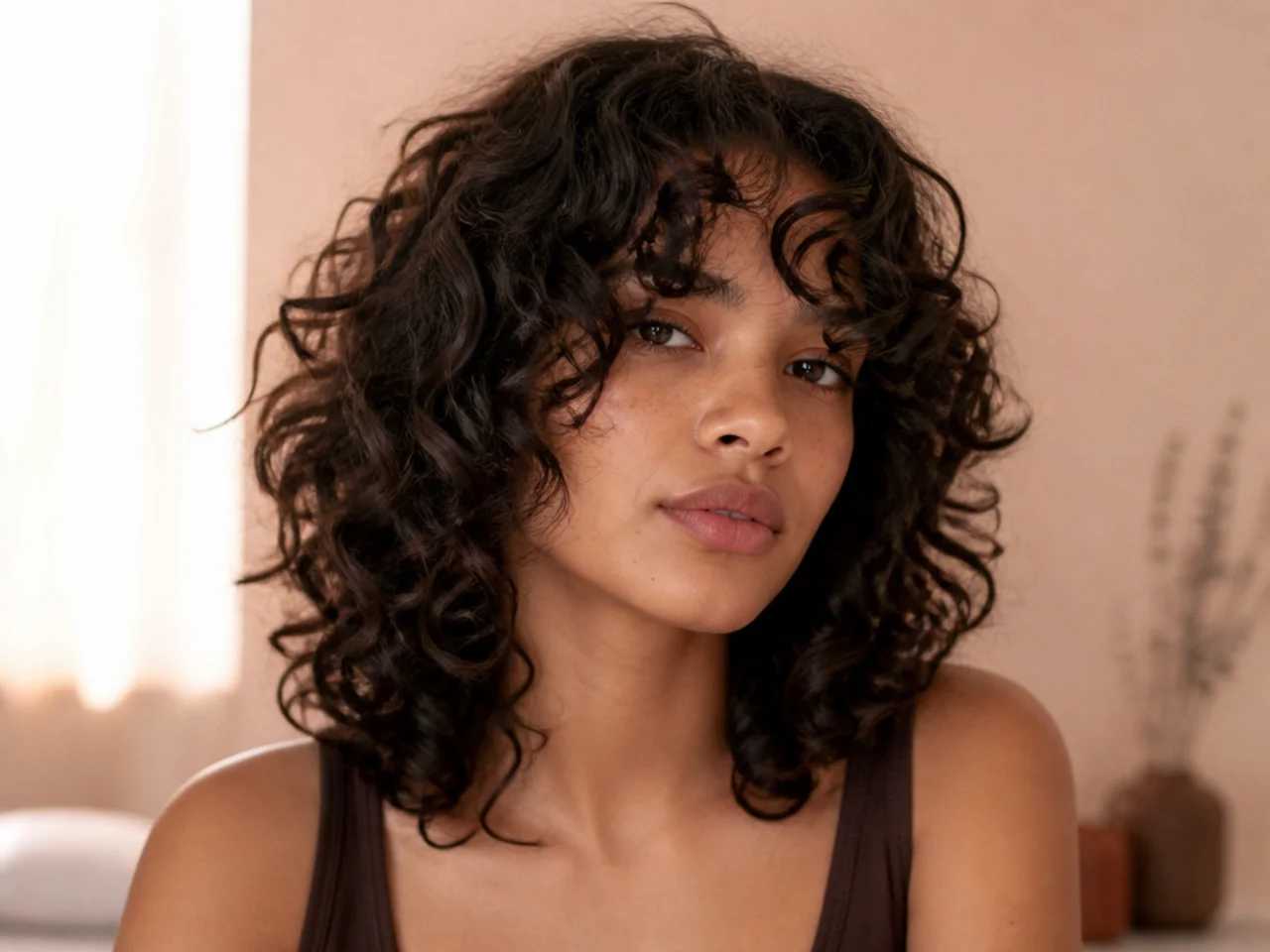 A short butterfly cut on curly hair