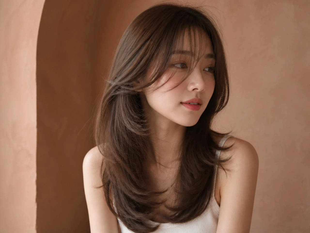 A Korean style butterfly cut with soft bangs