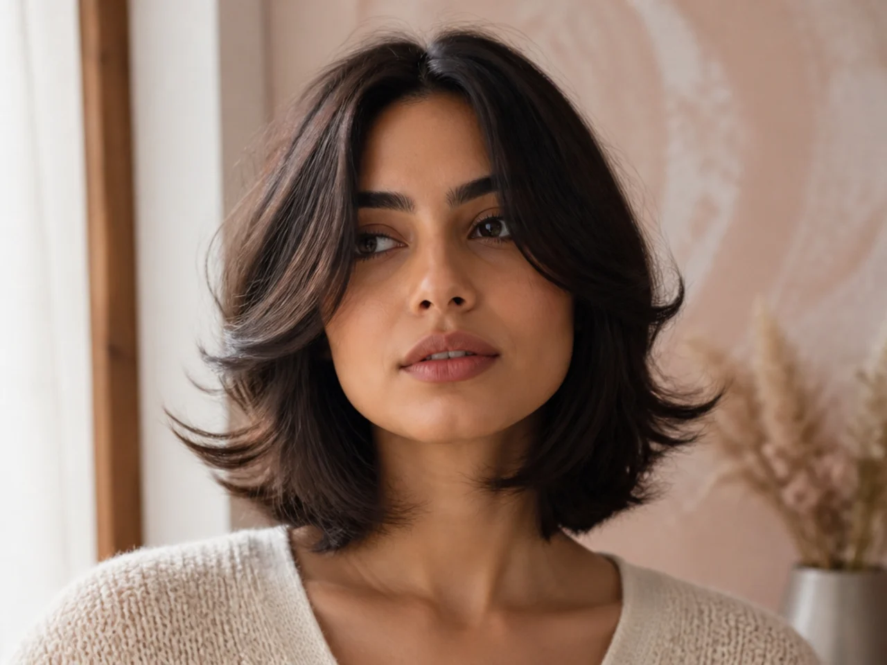 A short butterfly cut with a middle part