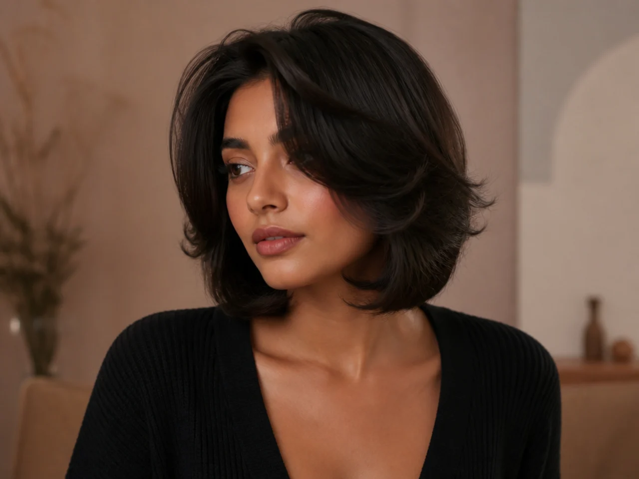A short butterfly cut with a deep side part
