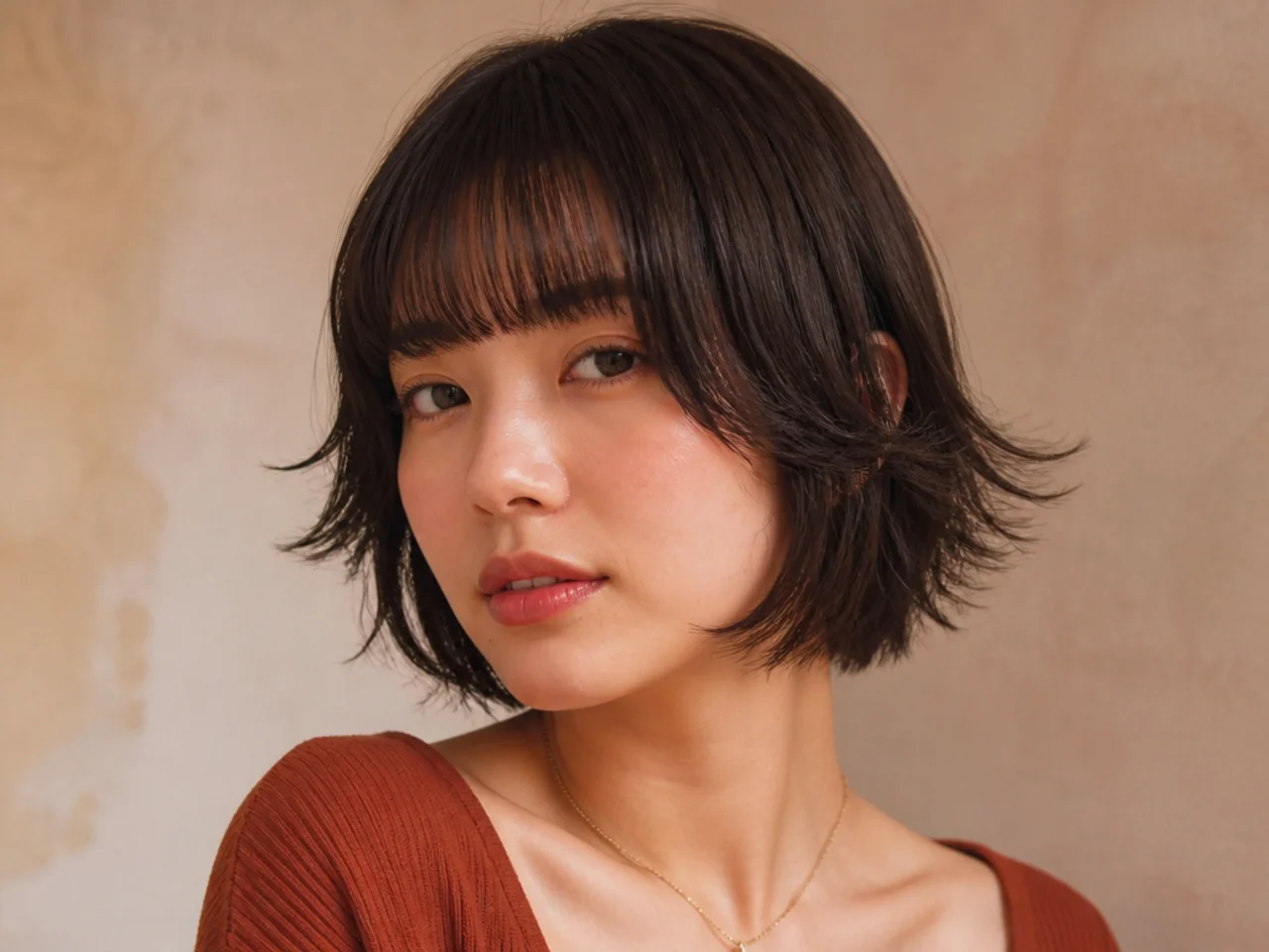A short butterfly cut with blunt bangs