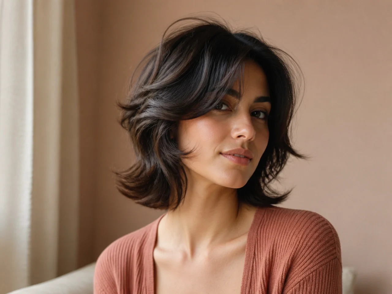 A short butterfly cut with side swept bangs