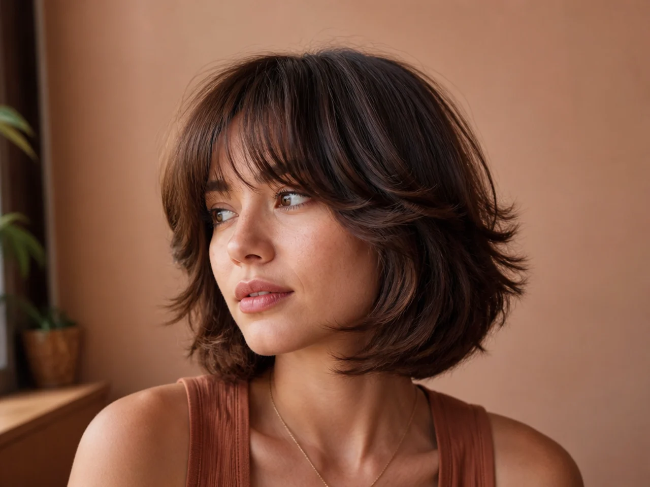 A butterfly bob with bangs