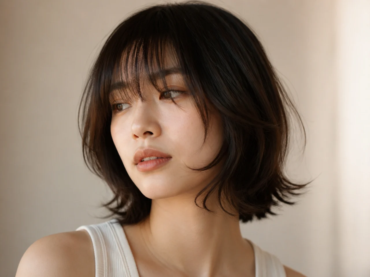 A chin length butterfly cut with bangs