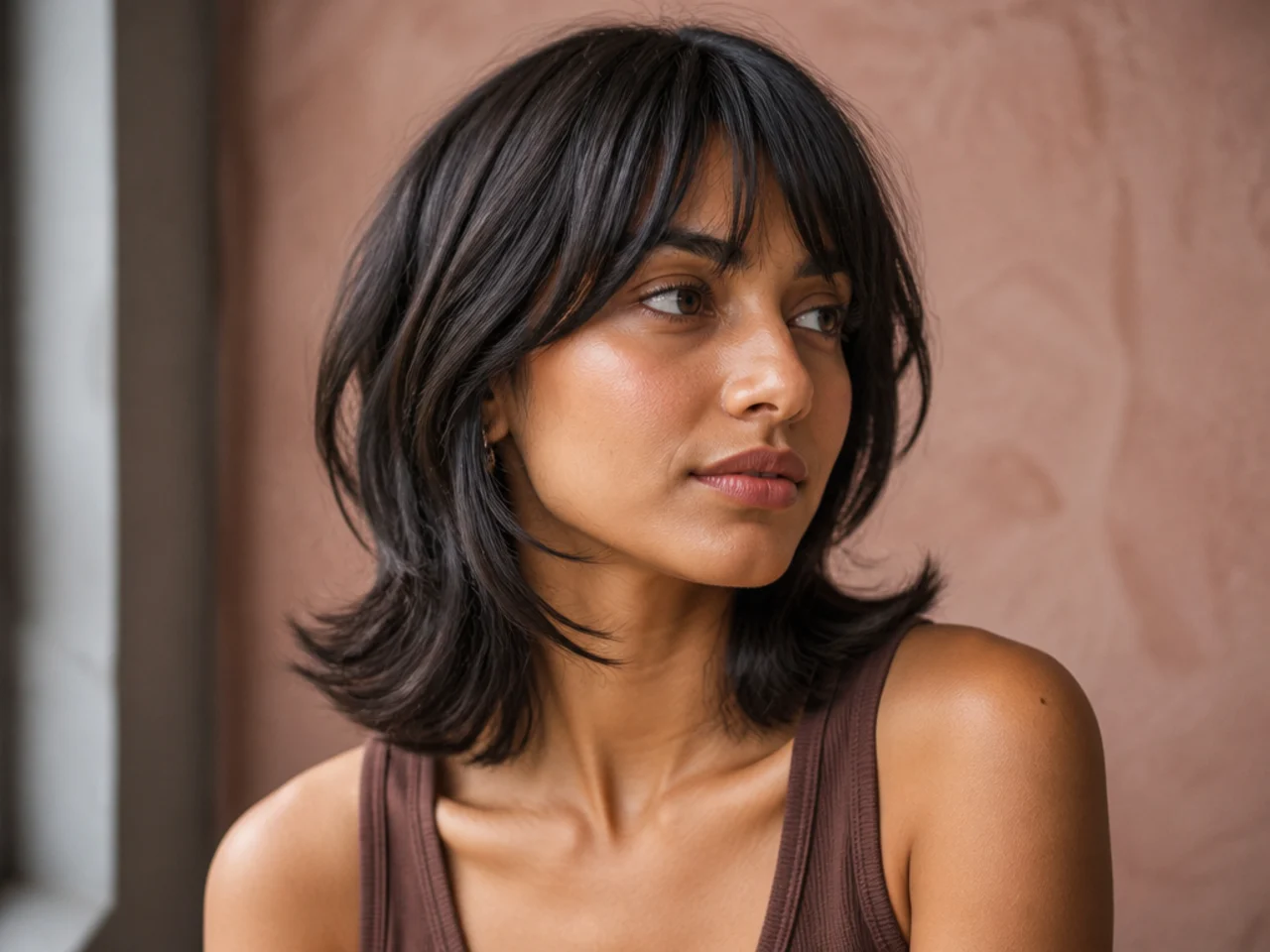 A collarbone length butterfly cut with bangs