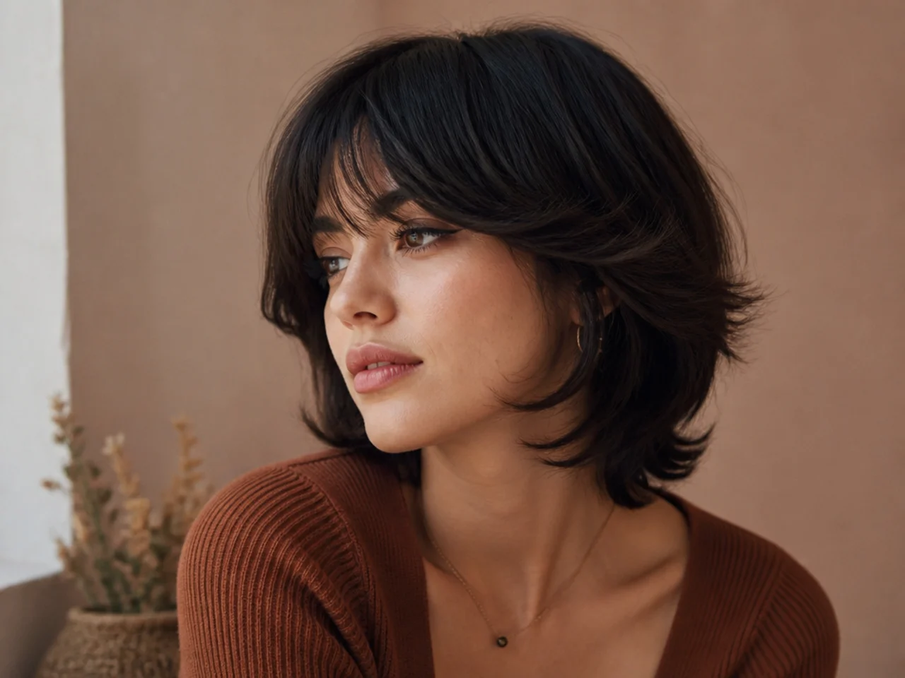 Three quarter view of a short butterfly haircut with bangs