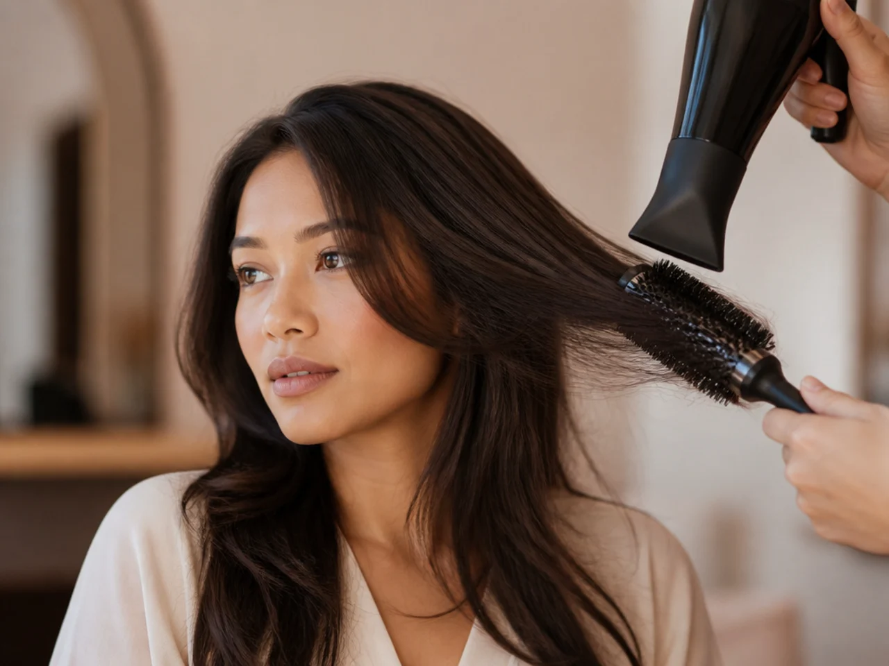 A round brush drying a wing layer away from the face