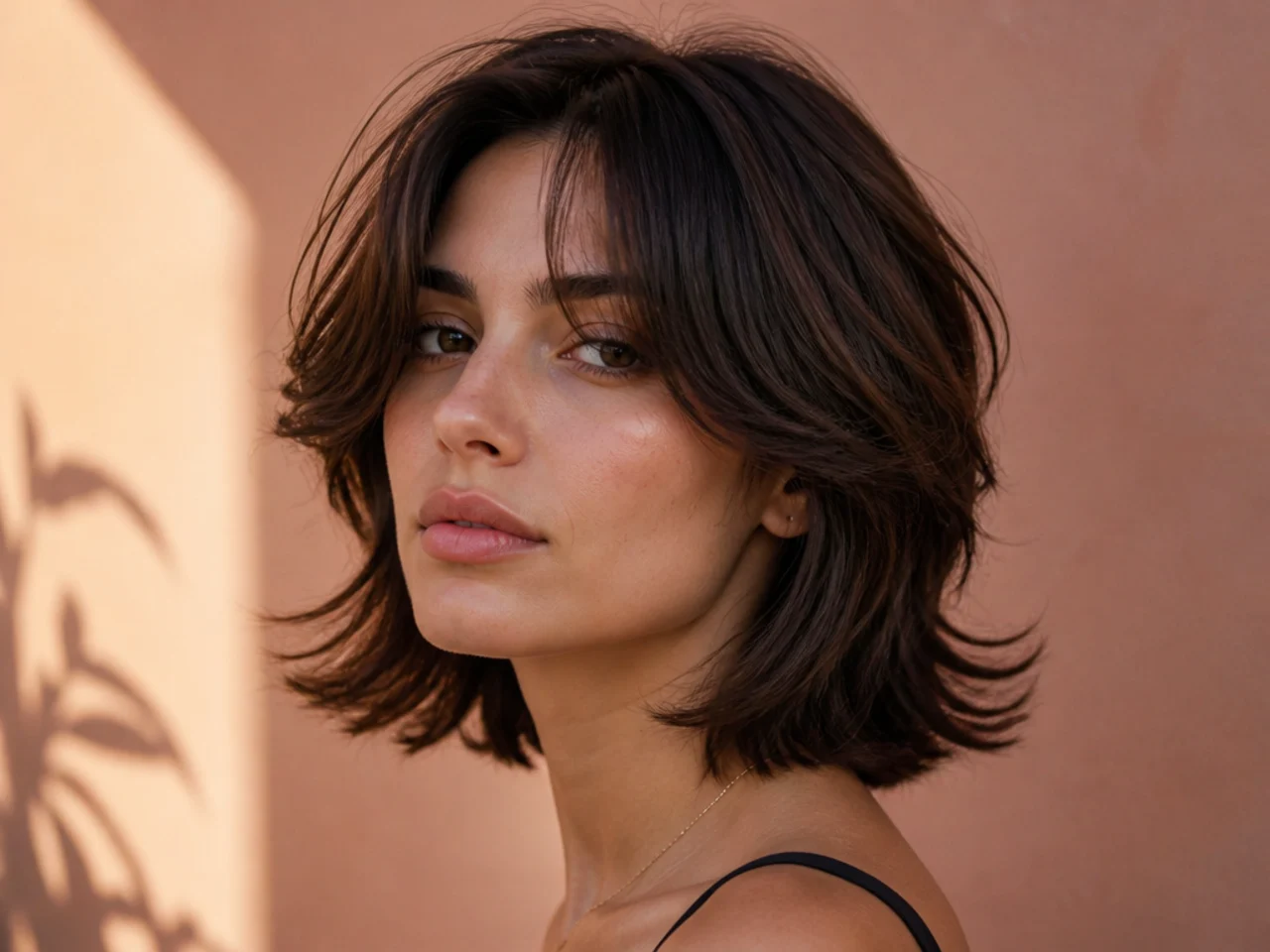 A wavy short butterfly cut with curtain bangs