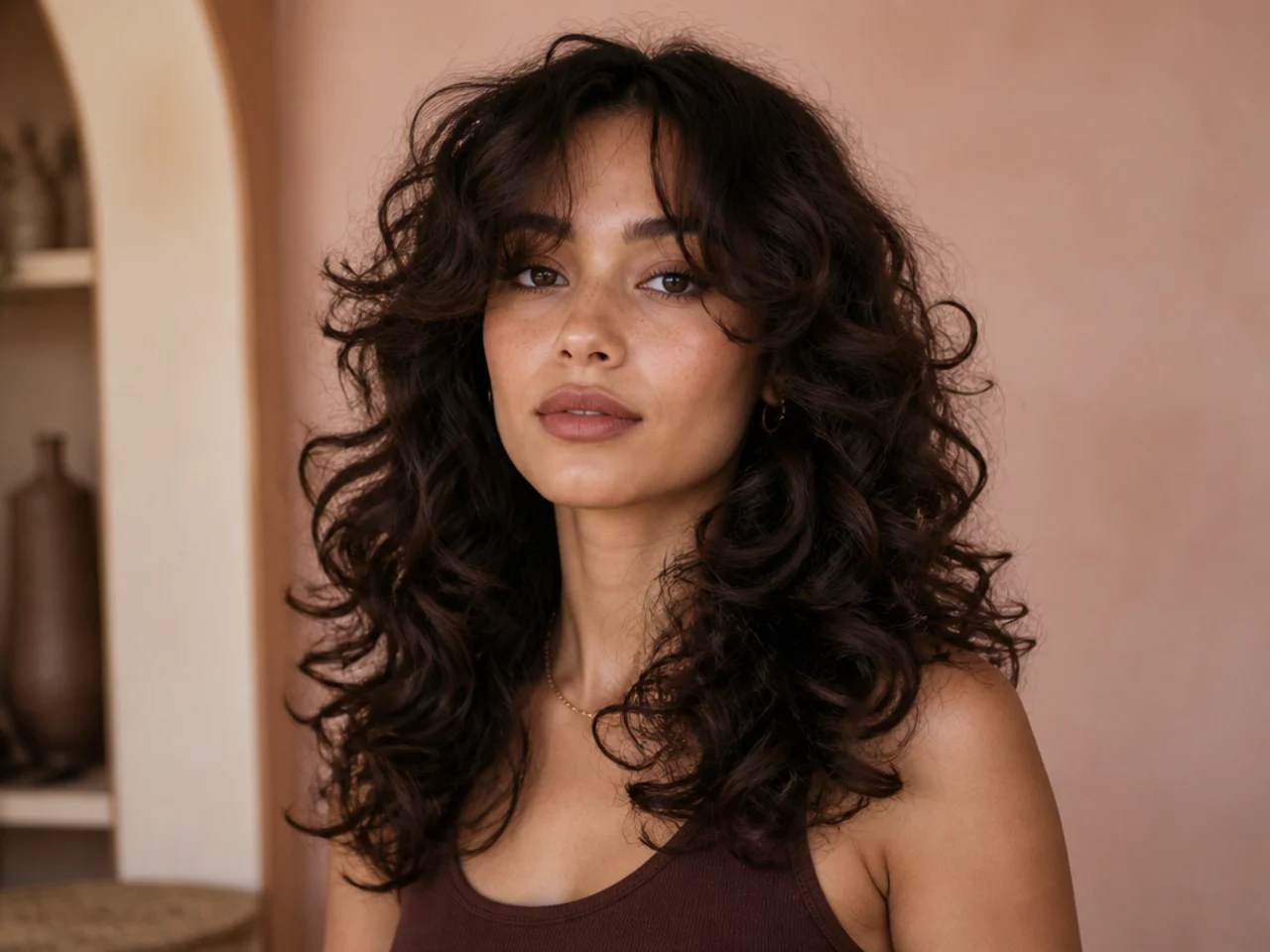 A curly butterfly cut with curtain bangs