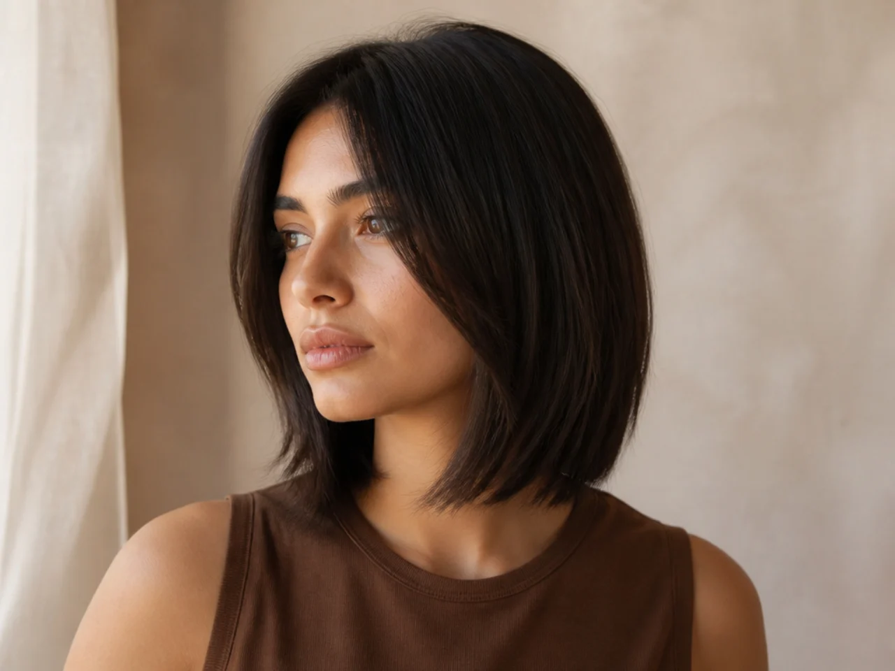 A straight short butterfly cut with a blunt perimeter