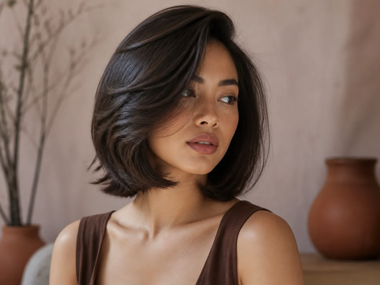 A short butterfly cut with a deep side part