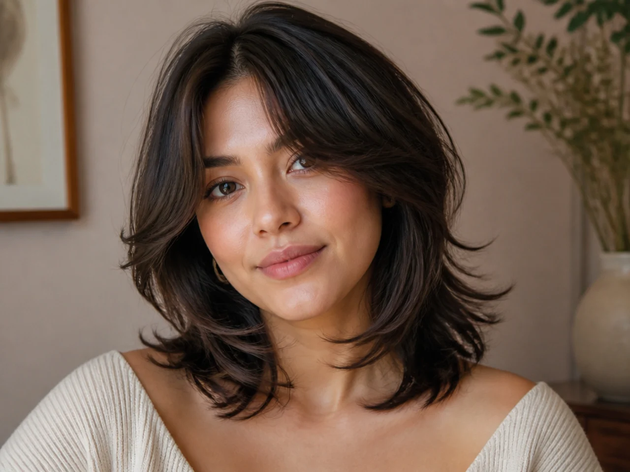 A collarbone length butterfly cut with curtain bangs