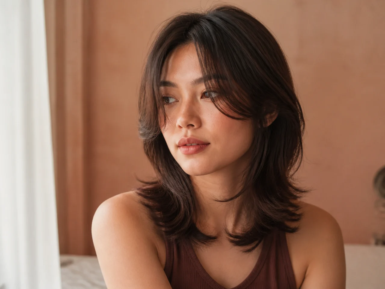 A short butterfly cut with long curtain bangs on a round face