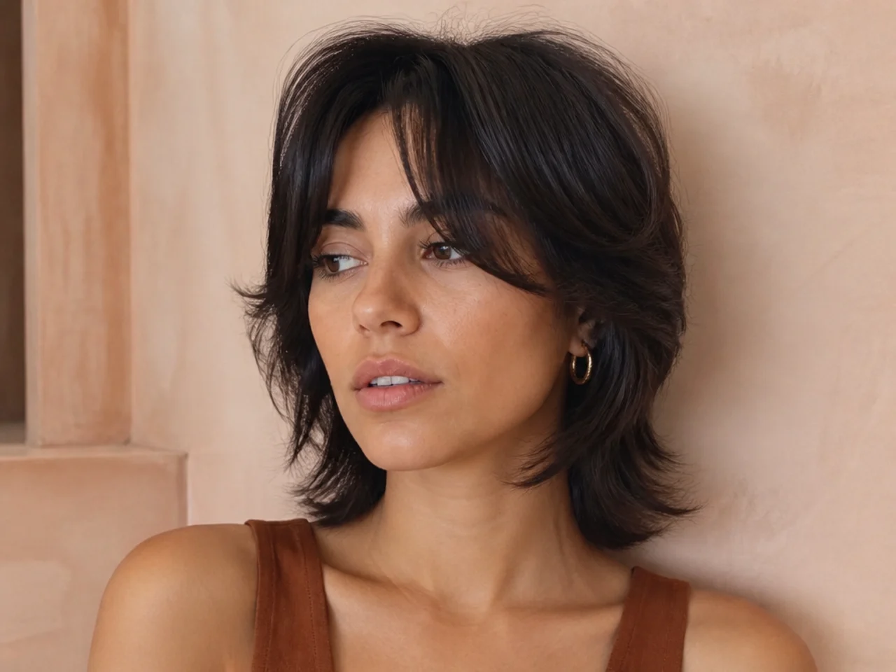 A short butterfly cut with a high split curtain fringe